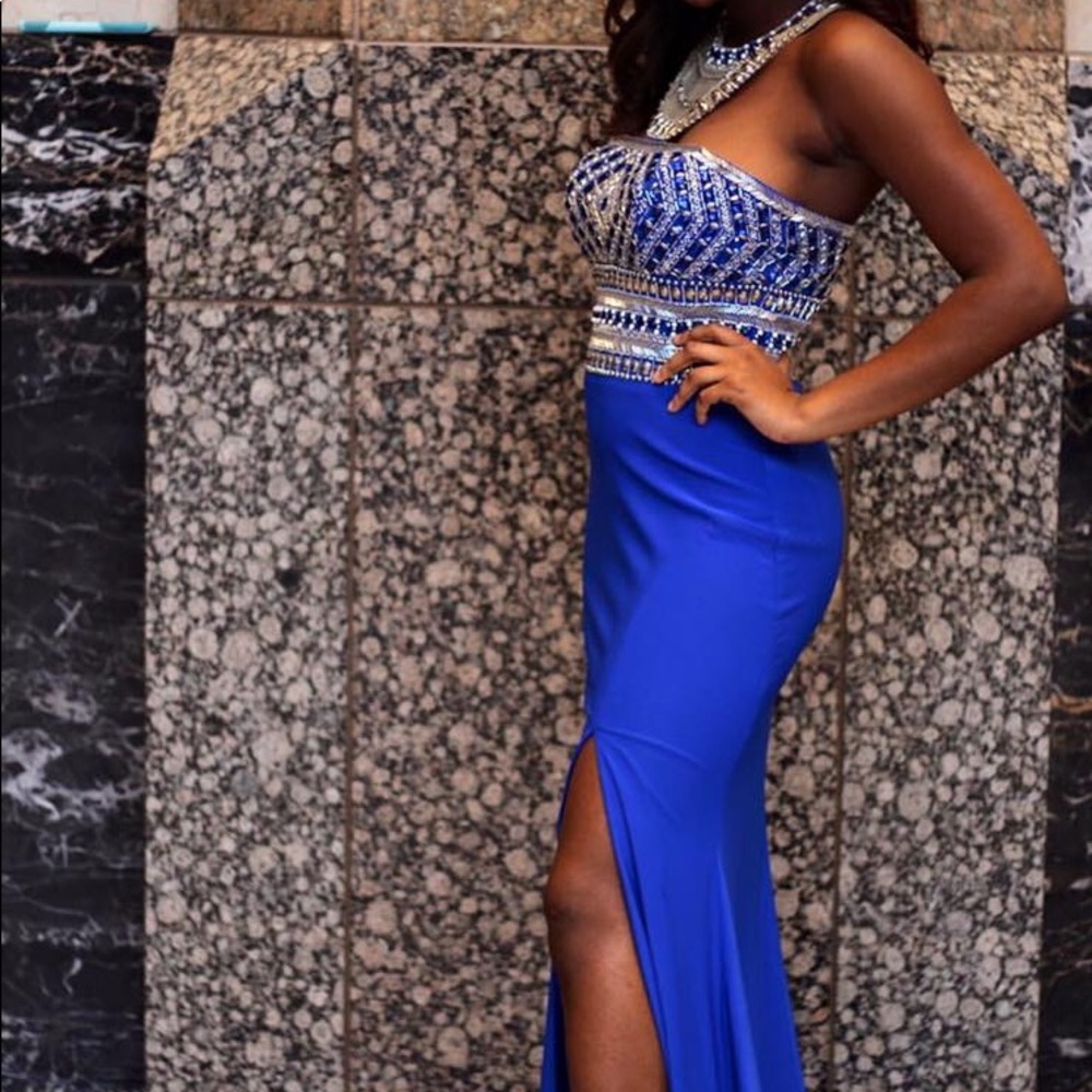 Royal blue bedazzle halter prom dress